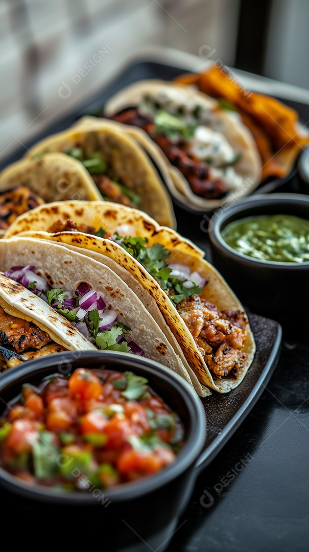 Variedades de tacos mexicanos em bandeija preta sobre fundo desfocado