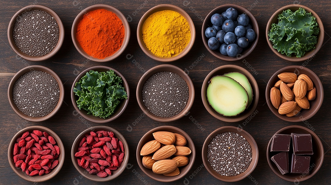 Lindas tijelas com variedades de salada frutas chocolate nozes grãos sobre mesa de madeira