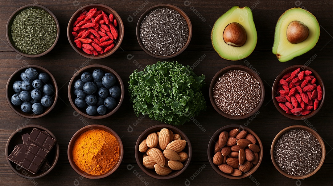 Lindas tijelas com variedades de salada frutas chocolate nozes grãos sobre mesa de madeira