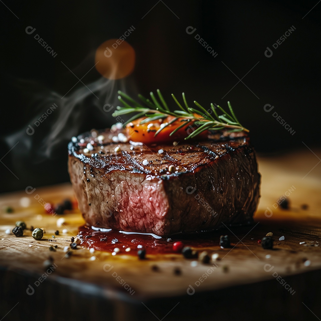 Delícioso filé de carne ao ponto em tábua de madeira sobre fundo isolado