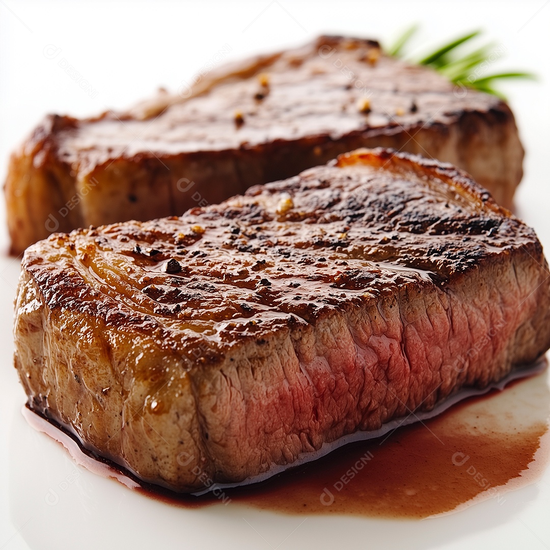 Delíciosos filés de carne ao ponto sobre fundo branco isolado