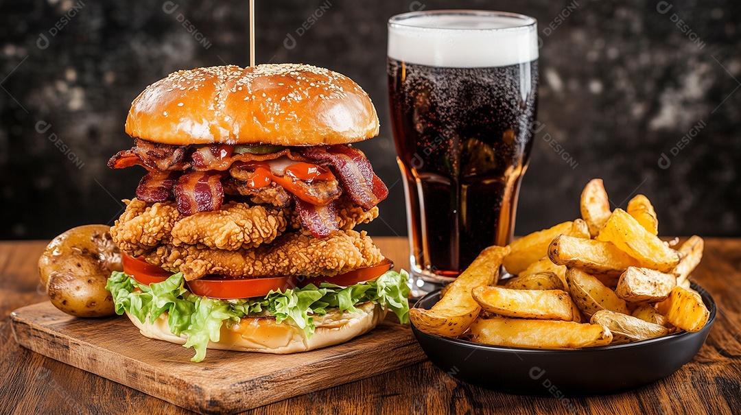 Delícioso hamburguer com batata frita e refrigerante de acompanhamento sobre tábua de madeira