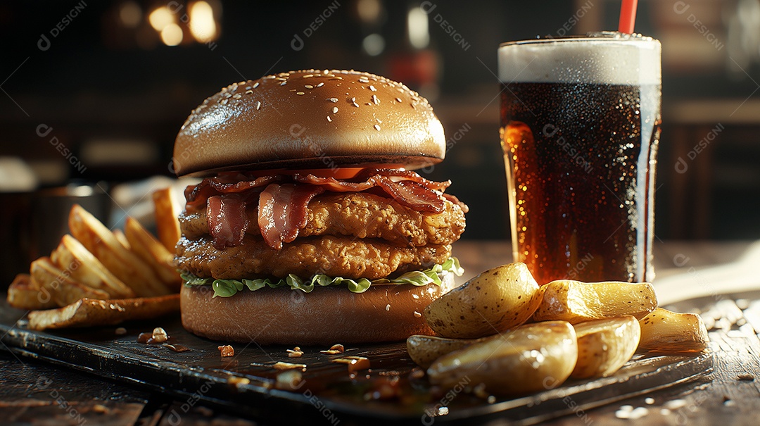 Delícioso hamburguer com batata frita e refrigerante de acompanhamento sobre tábua de madeira