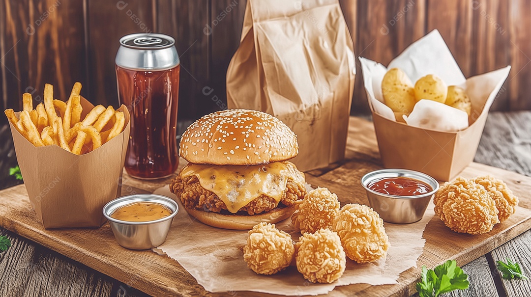 Delícioso hamburguer com batata frita refrigerante e frango empanado de acompanhamento sobre tábua de madeira