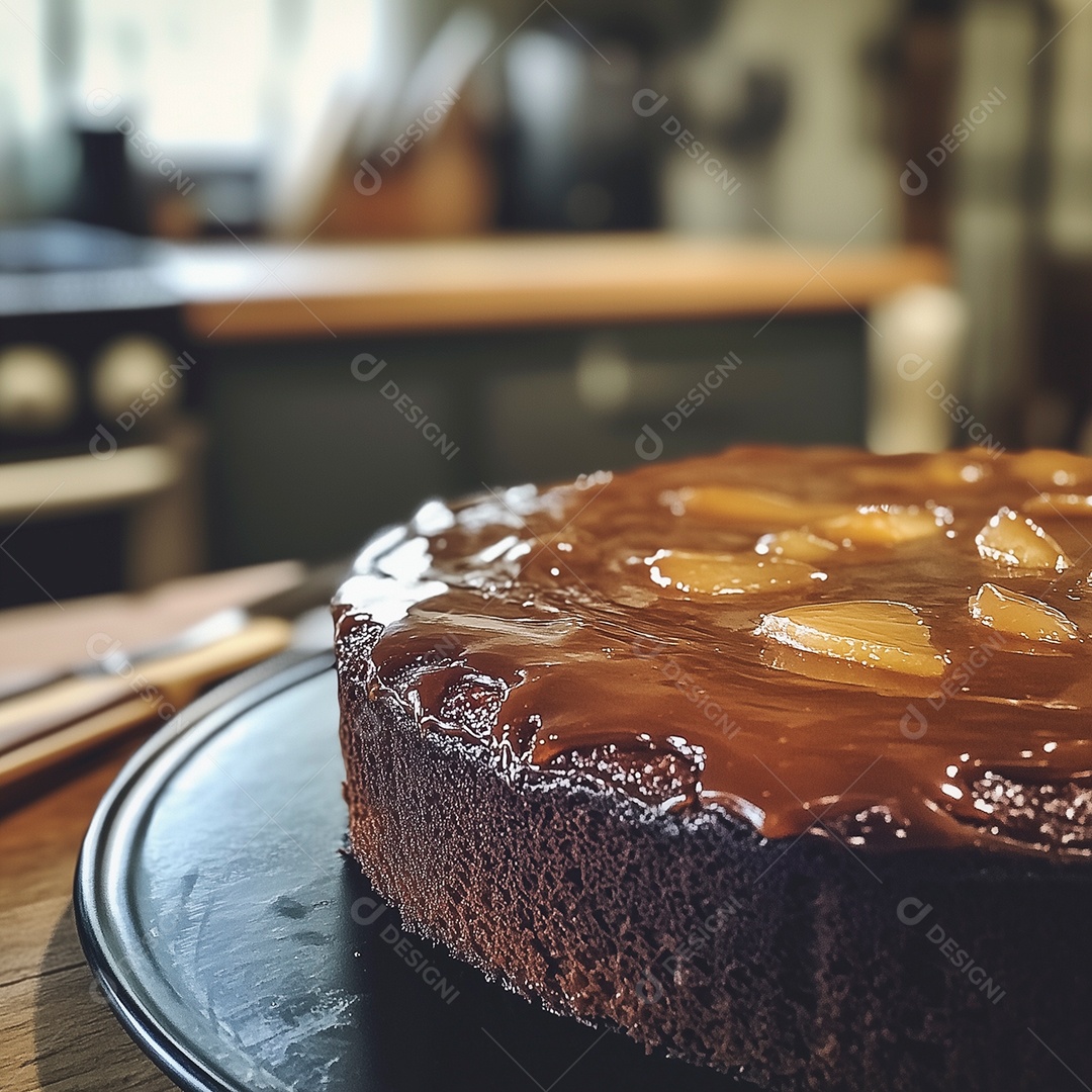 Delícioso bolo de maçã caramelizada em forma sobre mesa de madeira