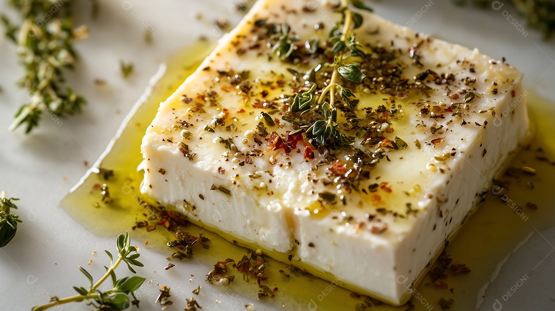 Queijo coalho com alecrim e manteiga derretida sobre mesa de marmore