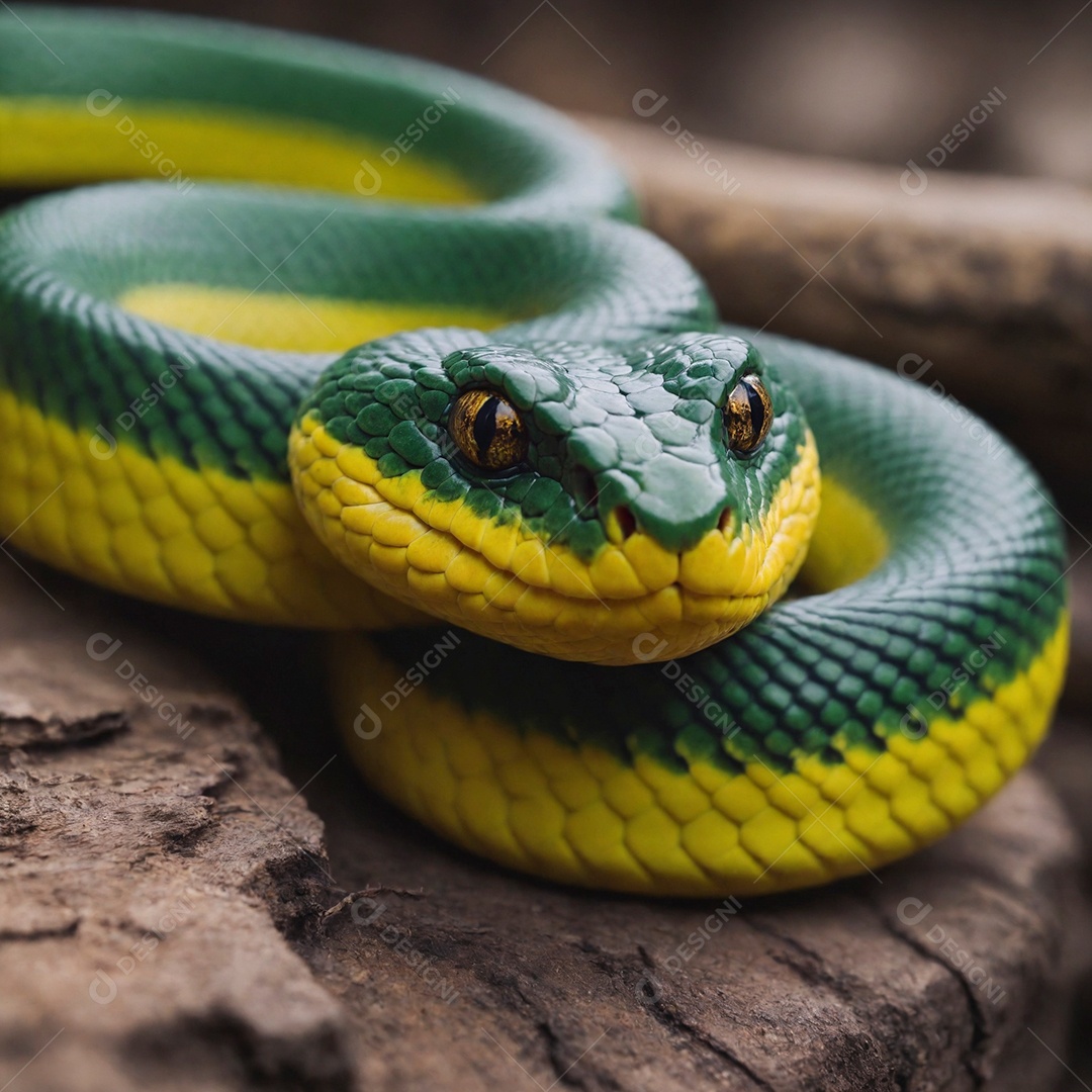 Linda cobra com coloração perfeita verde amarela sobre fundo desfocado