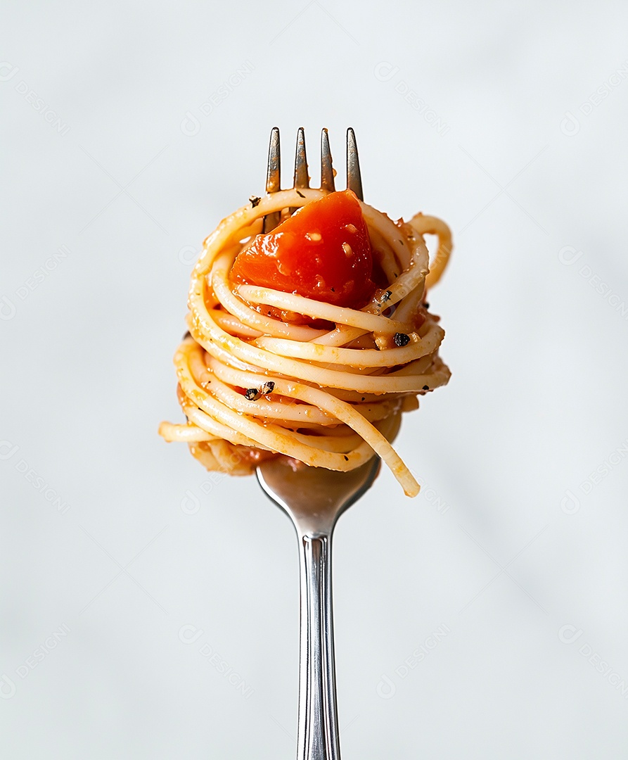 Delícioso esparguete enrolado em talher sobre fundo branco isolado