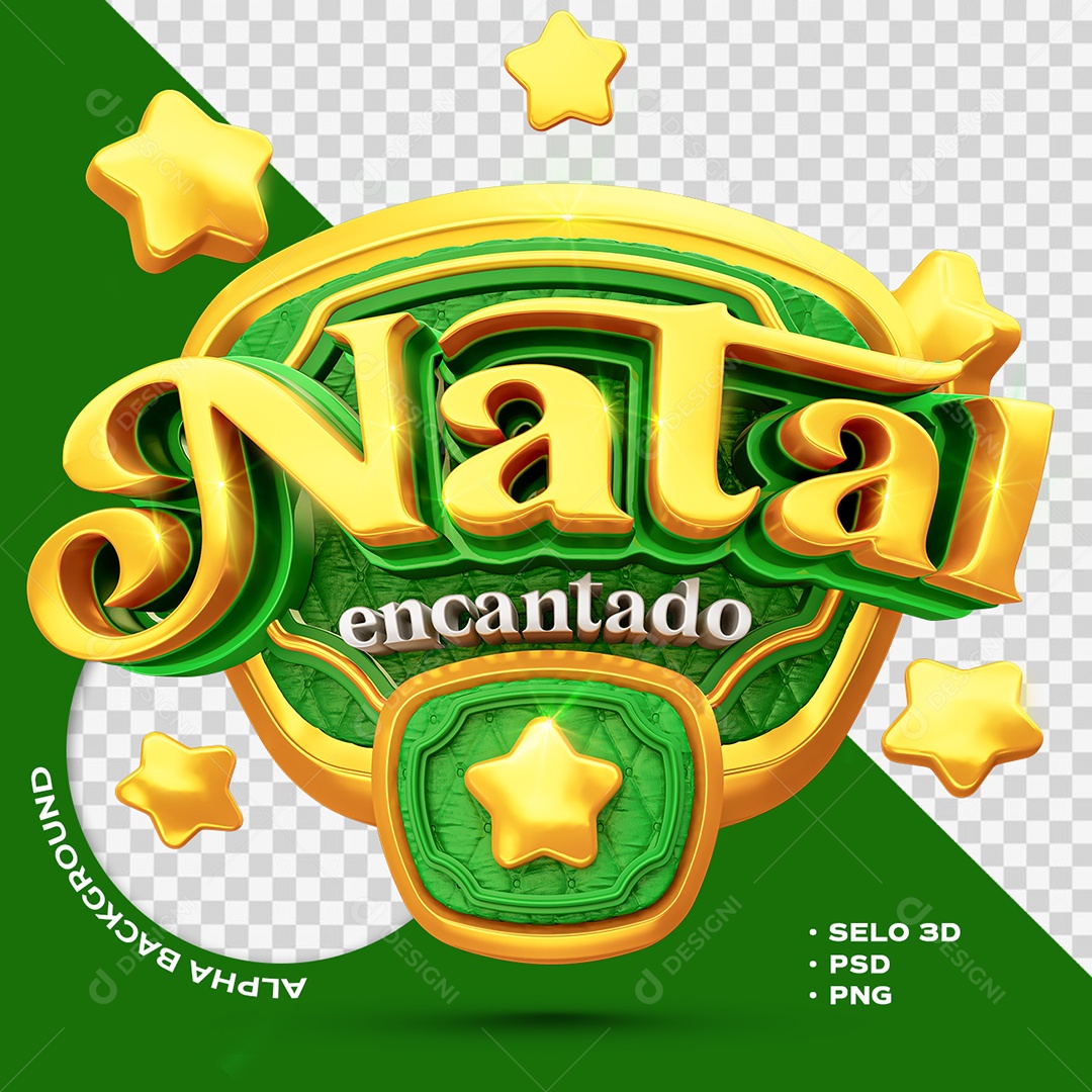Natal Encantado Selo 3D Amarelo e Verde para Composição PSD