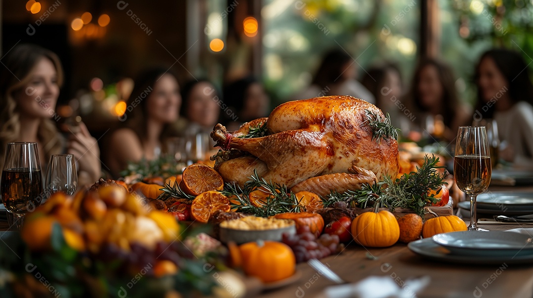 Lindo banquete com familia ao redor sobre mesa de madeira
