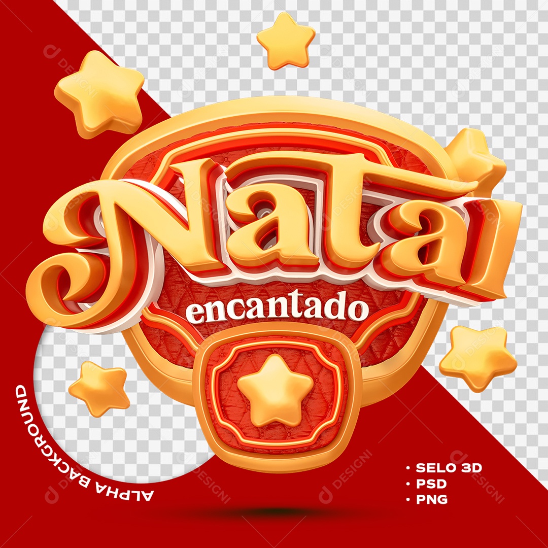Natal Encantado Selo 3D Dourado e Vermelho para Composição PSD