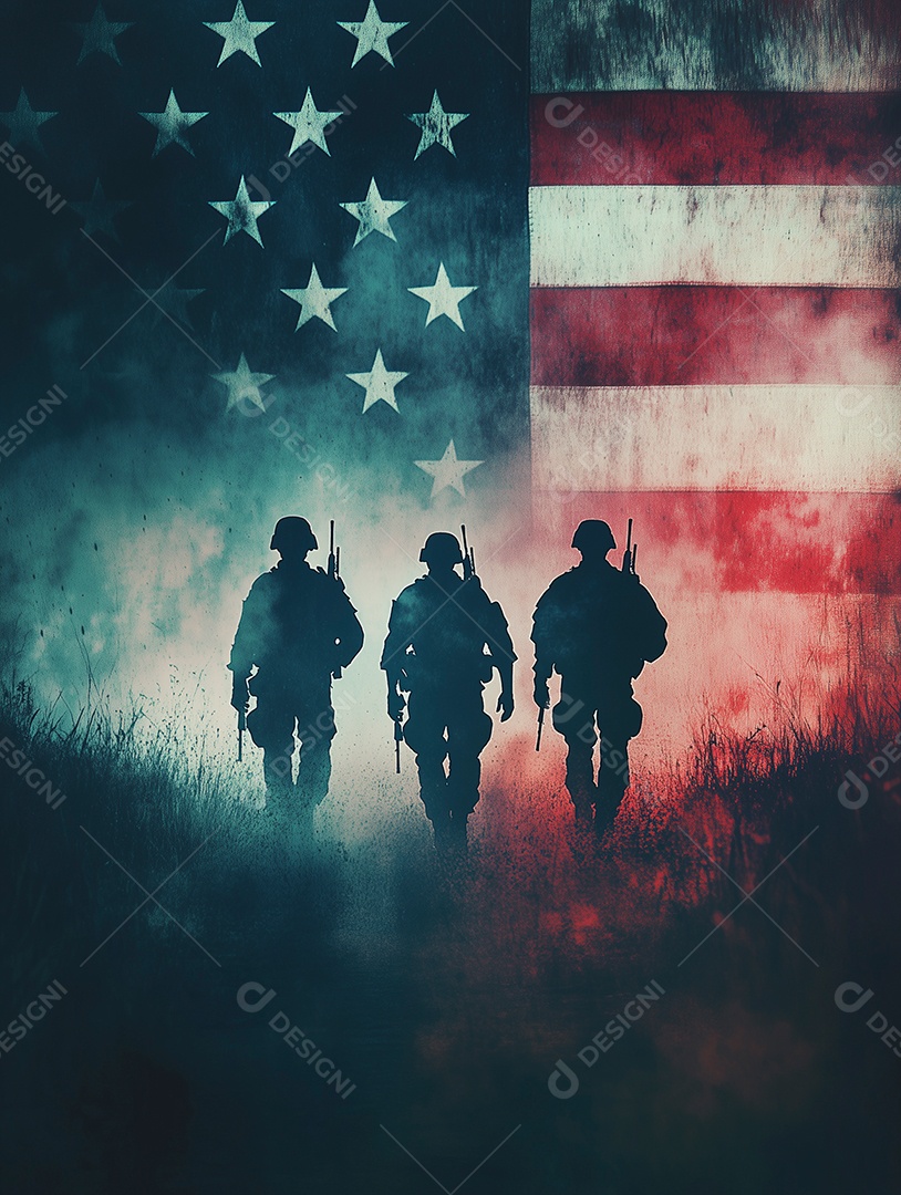 Lindas silhuetas de soldados americano sobre bandeira americana