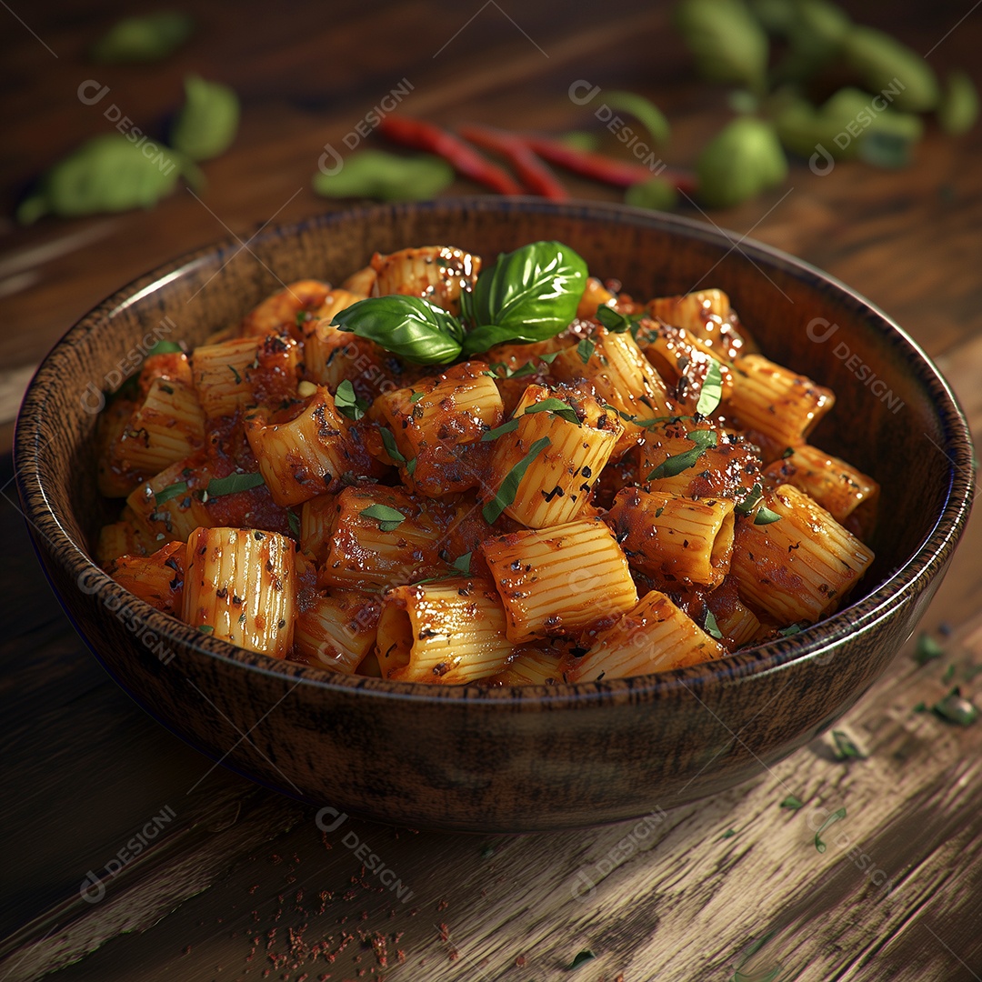 Lindo esparguete com salsa em tijela de madeira sobre mesa de madeira