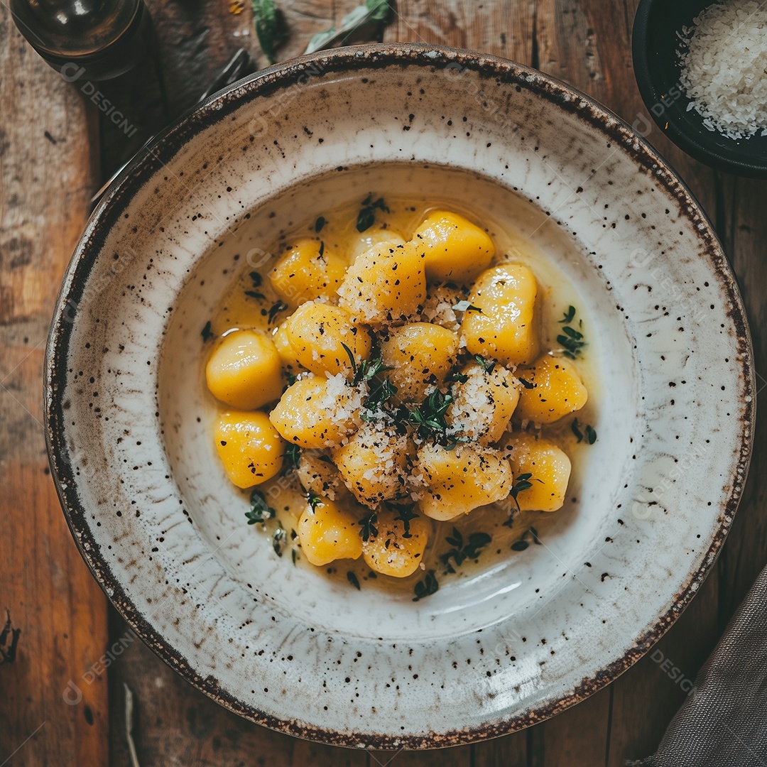 Nhoque de batata com salsa e queijo ralado em prato sobre mesa de madeira