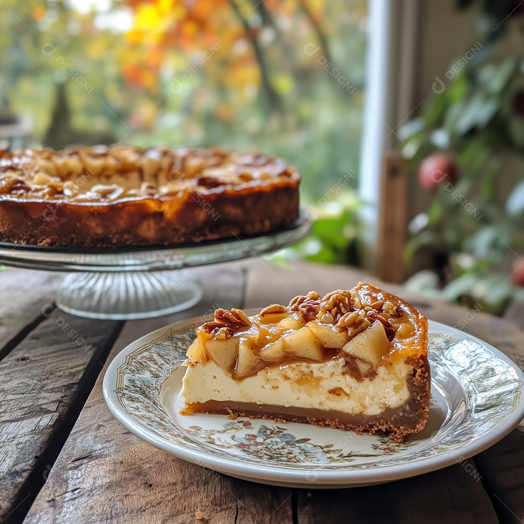Linda torta com maçã caramelizada e granola em prato sobre mesa de madeira