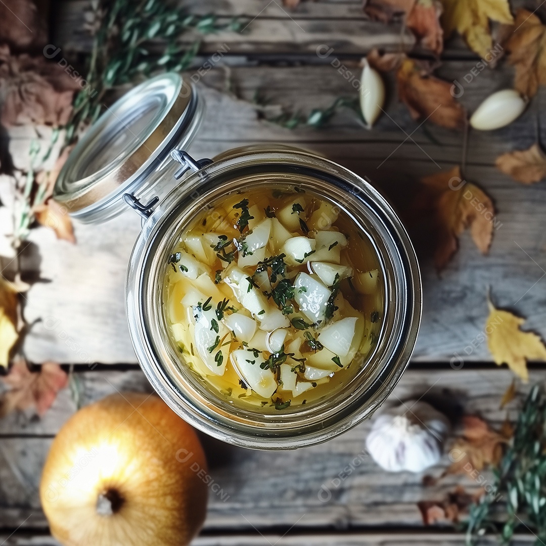 Cebola com salsa em concerva em pote de vidro sobre mesa de madeira