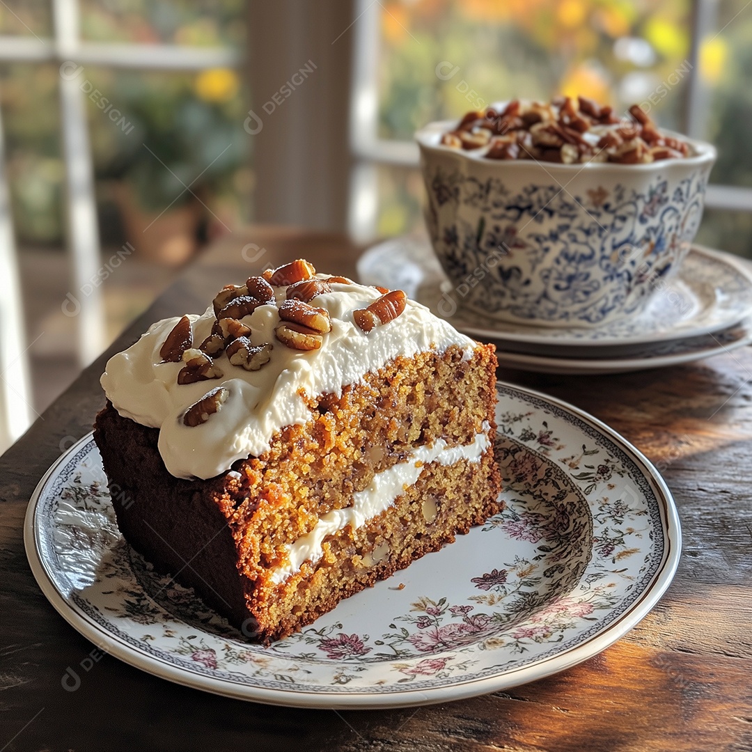 Delícioso bolo com cobertura de nozes em prato sobre mesa de madeira