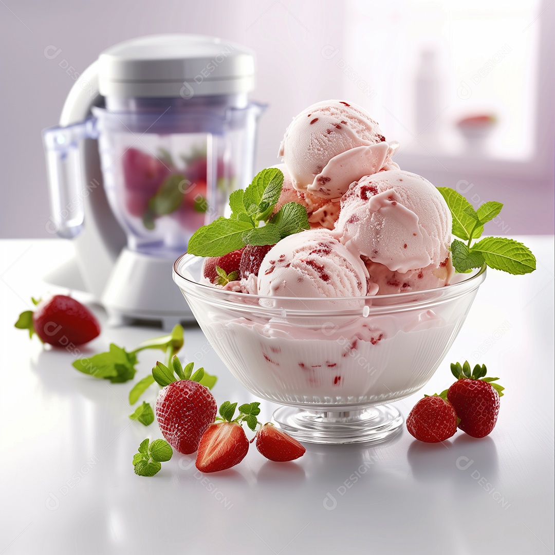 Bolas de sorvete de morango em tijela sobre mesa de marmore