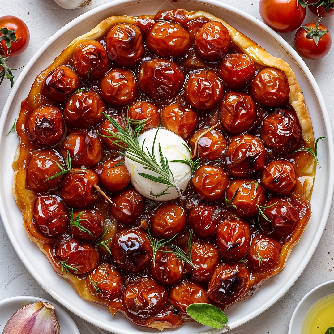 Torta de legumes e queijo em forma sobre mesa de marmore