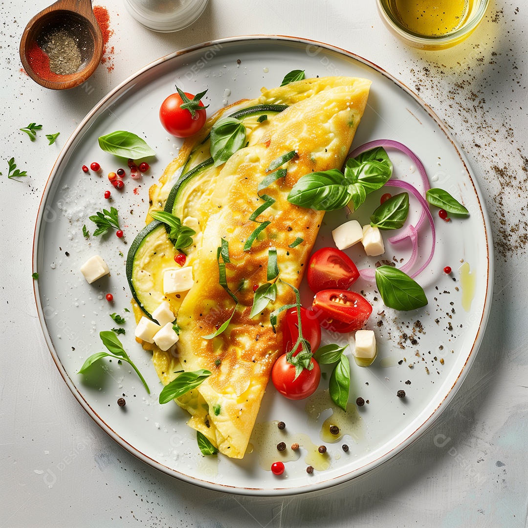 Omelete recheado com vegetais em prato sobre mesa de marmore