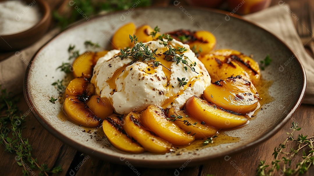 Queijo coalho com maçã caramelizada e alecrim em prato sobre mesa de madeira