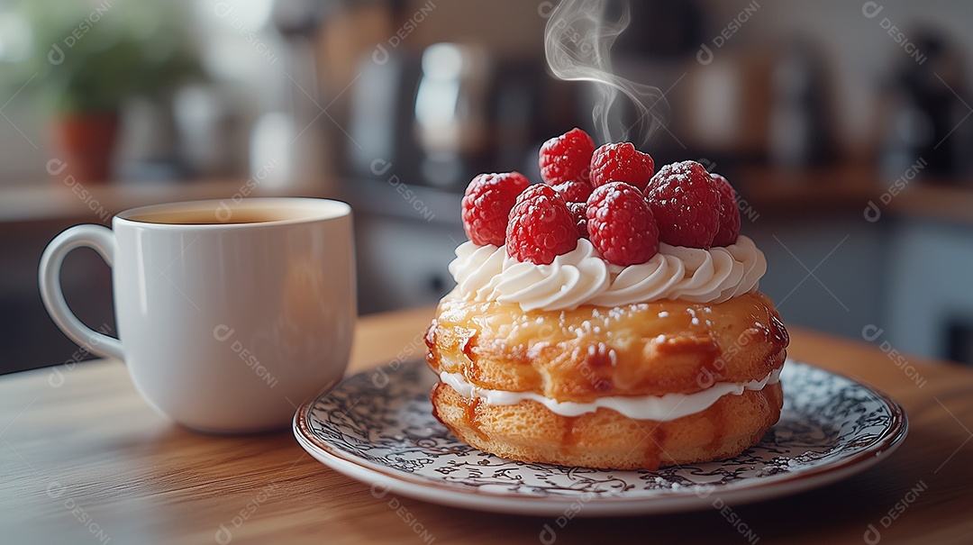 Lindo café da manhã com bolo e cappuccino sobre mesa de madeira
