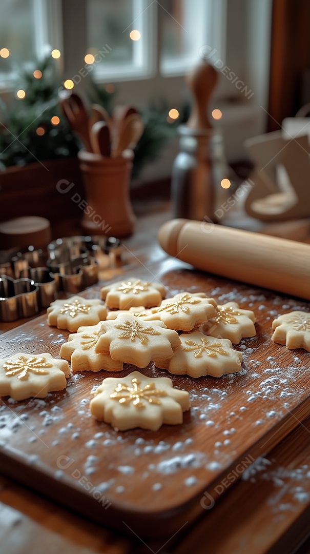 Biscoitos de gengibre em forma de estrela de natal em tábua sobre mesa de madeira