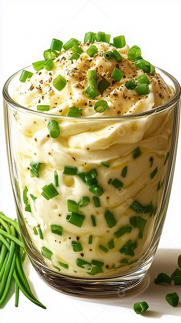 Patê de alho com salsa em copo de vidro sobre fundo branco isolado