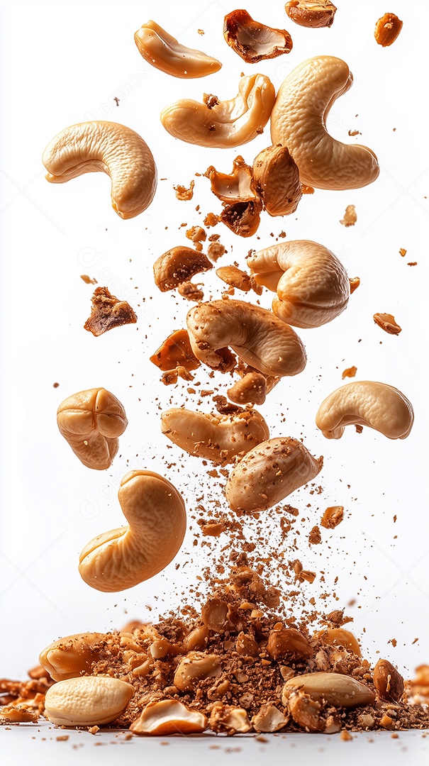 Lindas castanhas de caju caindo em pilha sobre fundo branco isolado