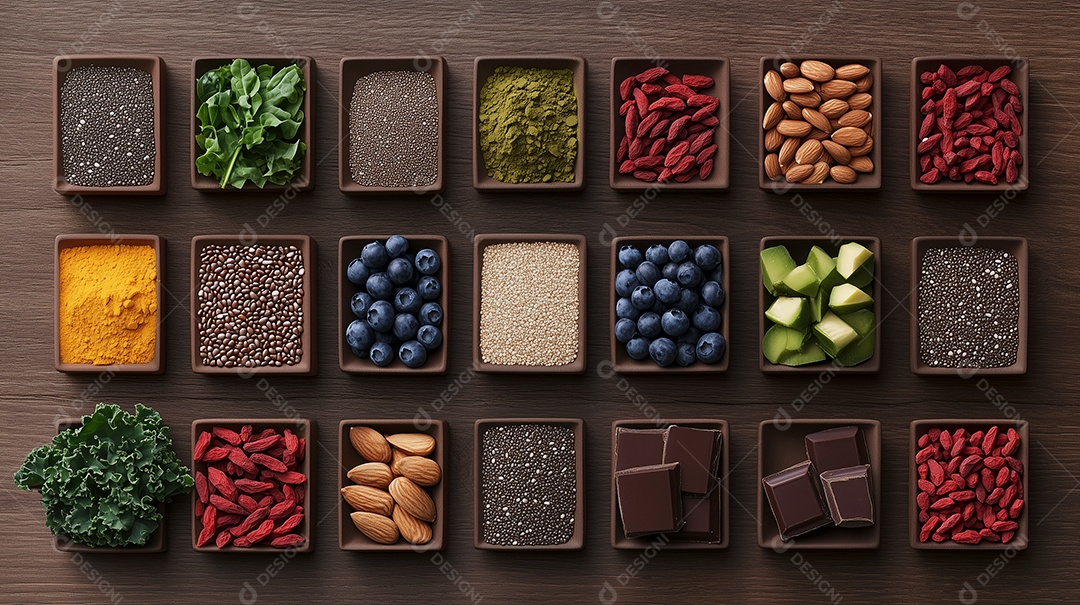 Tijelas com variedades de frutas salada e chocolates sobre mesa de madeira