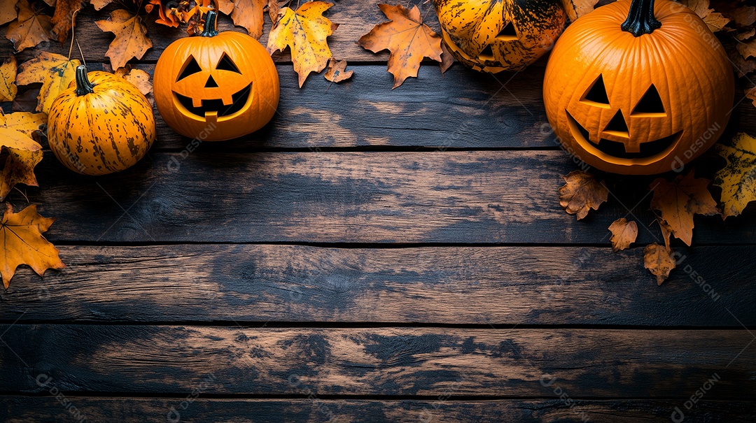 Cenário de halloween com abóboras sinistras sobre piso de madeira