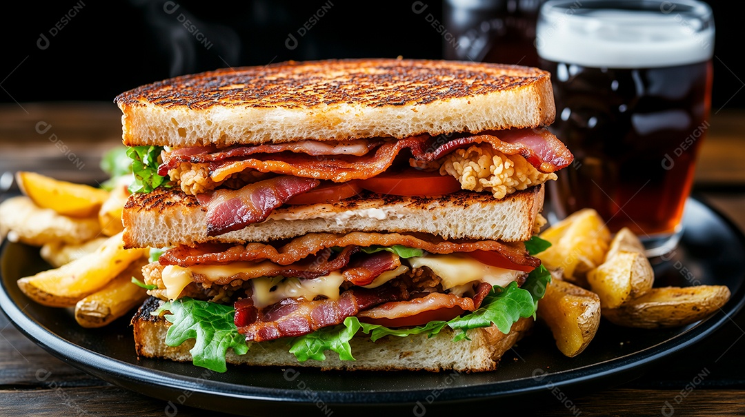Delícioso hamburguer com batata frita e refrigerante de acompanhamento sobre tábua de madeira