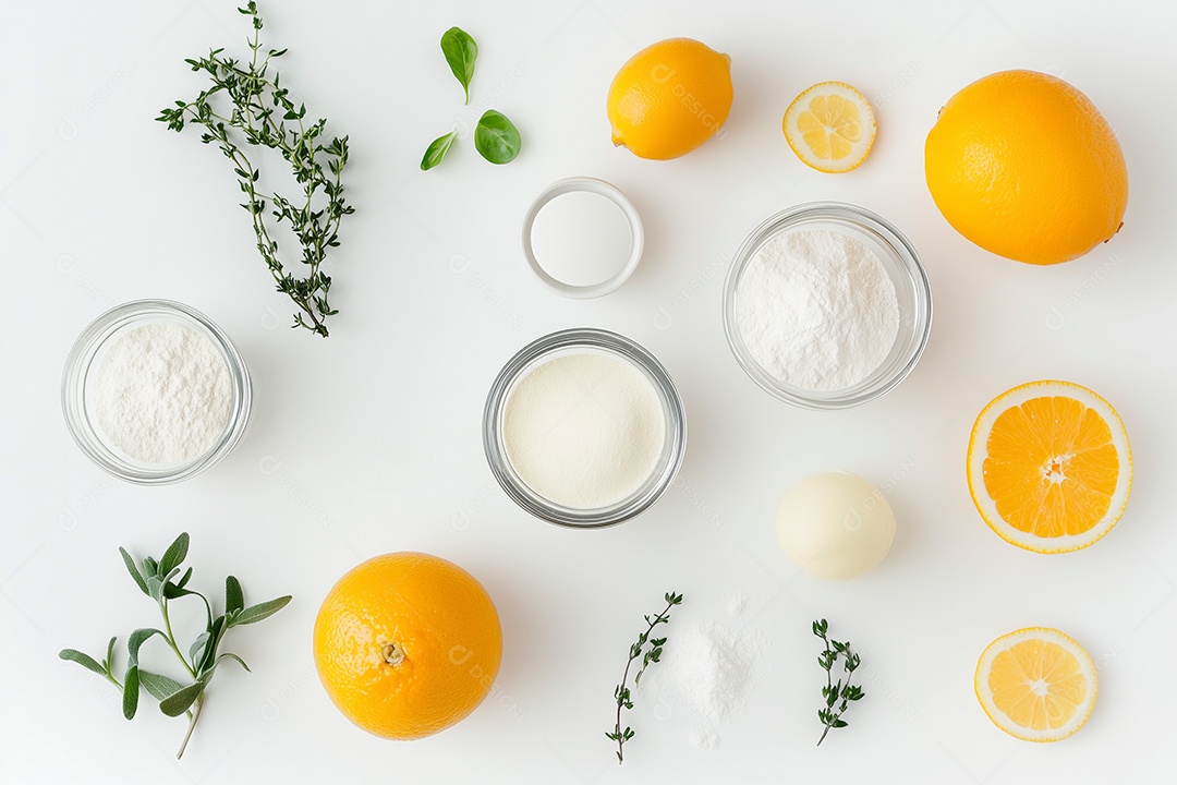 Lindas laranjas ao lado de ervas e bicarbonato sobre fundo branco isolado