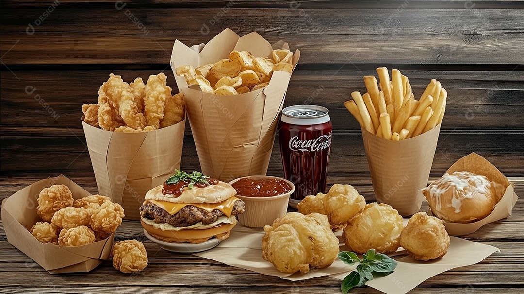 Delícioso hamburguer com batata frita frango empanado e refrigerante de acompanhamento sobre mesa de madeira