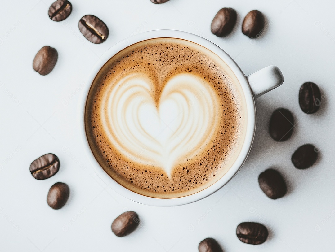 Cappuccino em xícara com grãos de café ao lado sobre fundo branco isolado