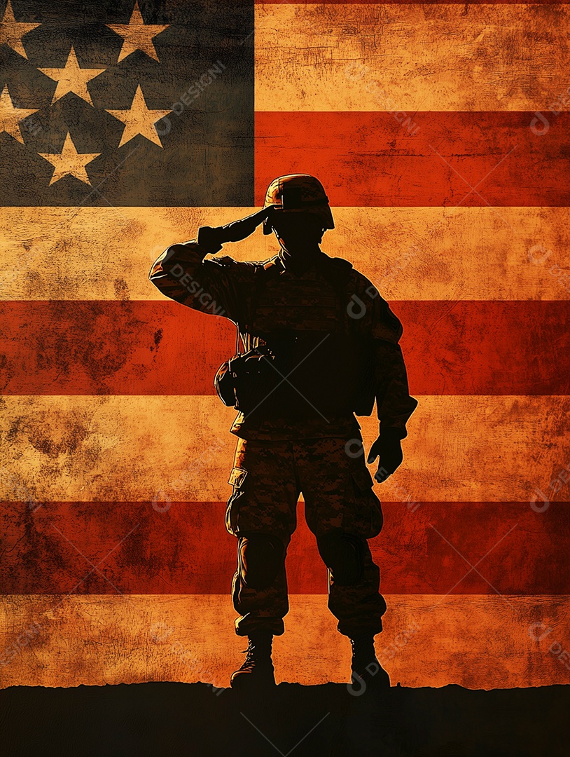 Linda silhueta de soldado americano sobre bandeira americana