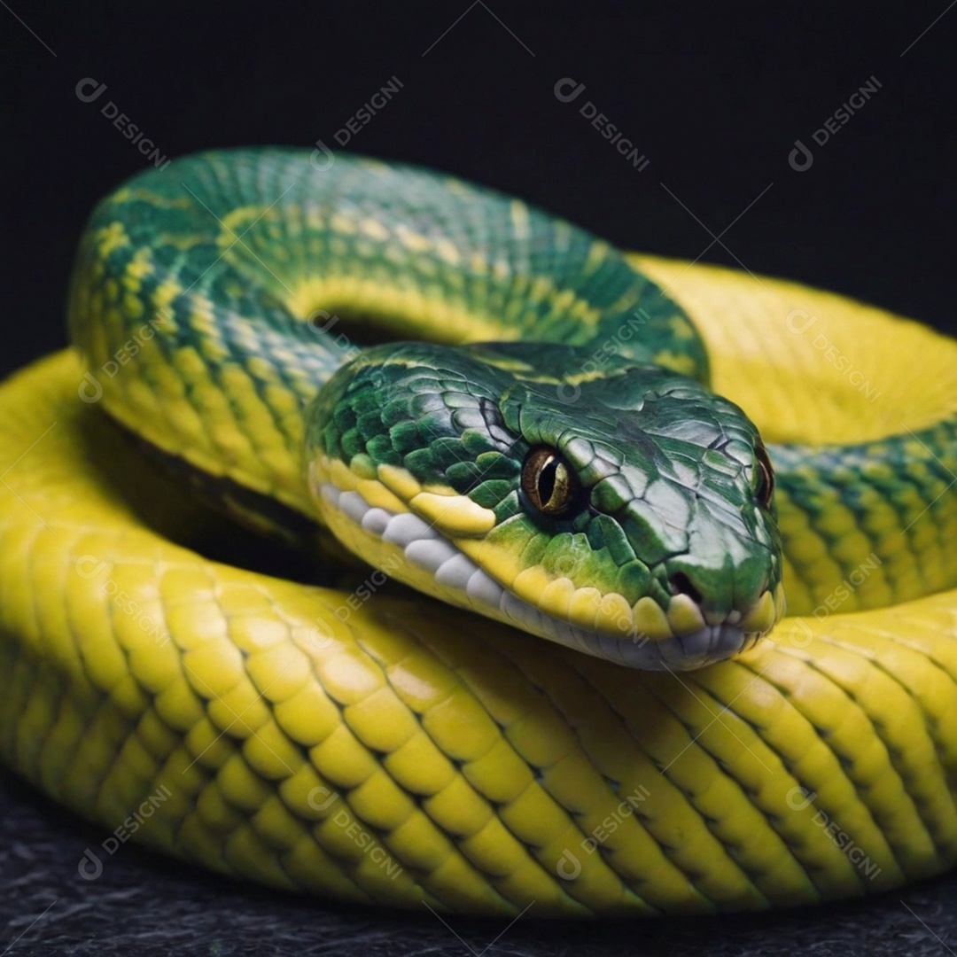 Linda cobra com coloração perfeita verde amarela sobre fundo desfocado