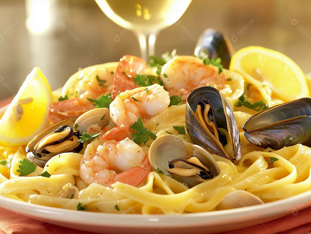 Delícioso esparguete com futos do mar em prato sobre mesa de madeira
