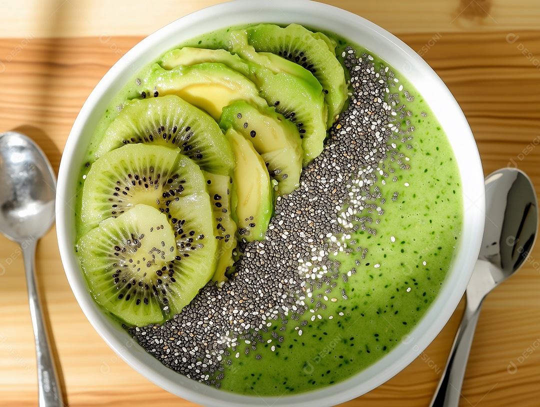 Vitamina de kiwi com gegilim em tijela sobre mesa de madeira