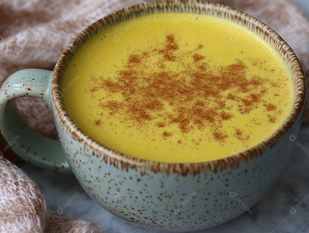 Delícioso mingau de milho com canela em xícara sobre mesa de marmore