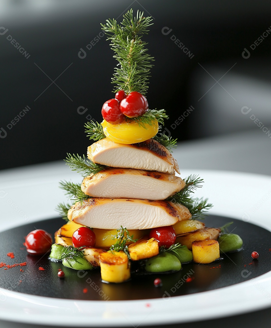 Bela comida enforma de pinheiro natalino em prato sobre fundo desfocado