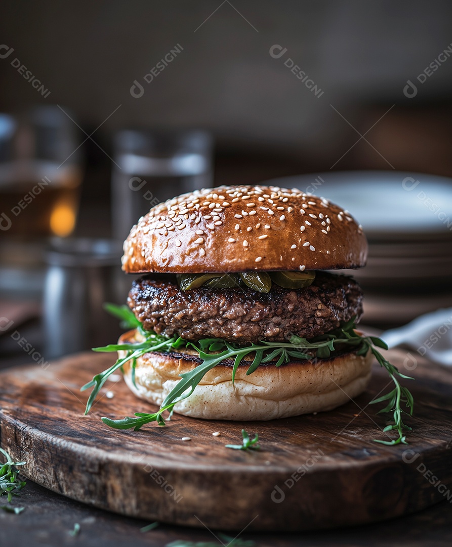 Belo hamburquer em tábua sobre mesa de madeira