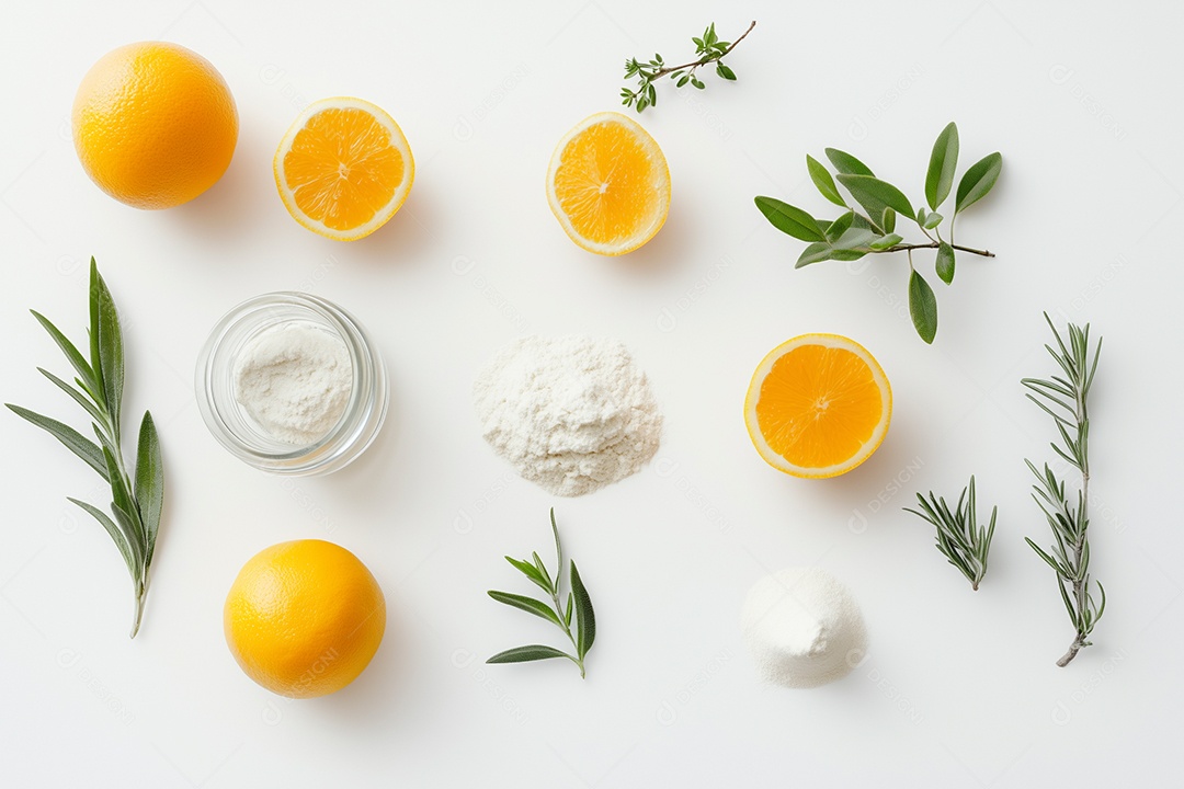 Lindas laranjas ao lado de ervas e bicarbonato sobre fundo branco isolado