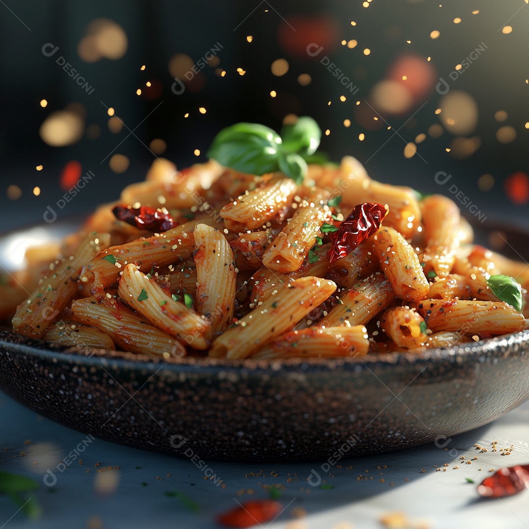 Belo esparguete com bastante tempero picante com salsa em prato sobre fundo isolado