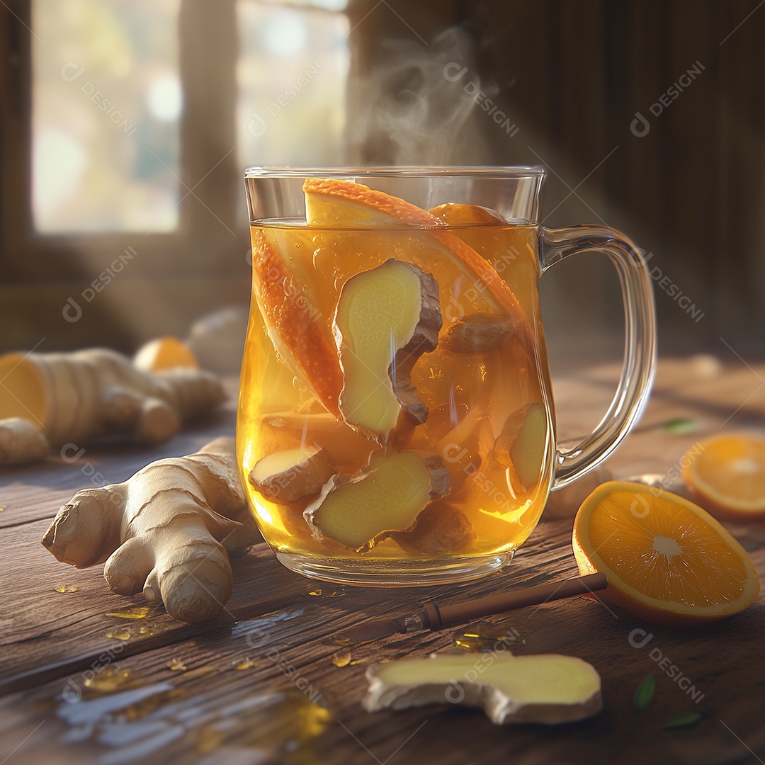 Lindo chá de limão com gengibre em xícara sobre mesa de madeira