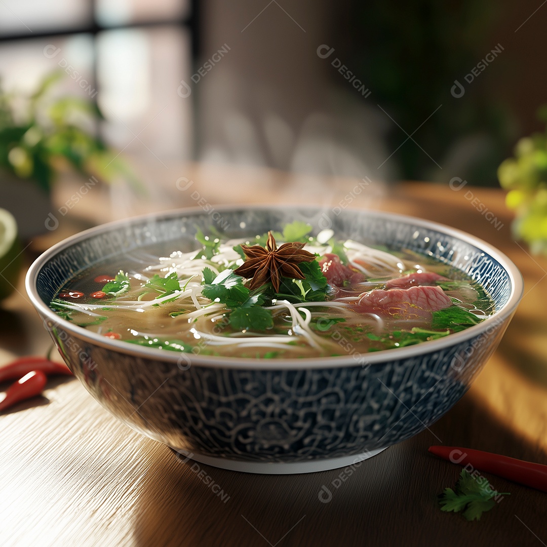 Linda sopa de carne com macarrão em tijela sobre mesa de madeira