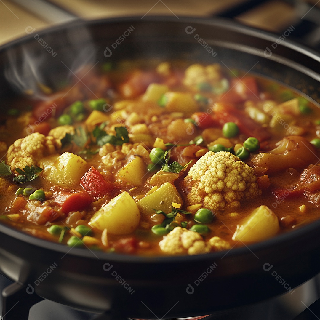 Bela sopa de carne com legumes em panela de ferro sobre mesa de madeira