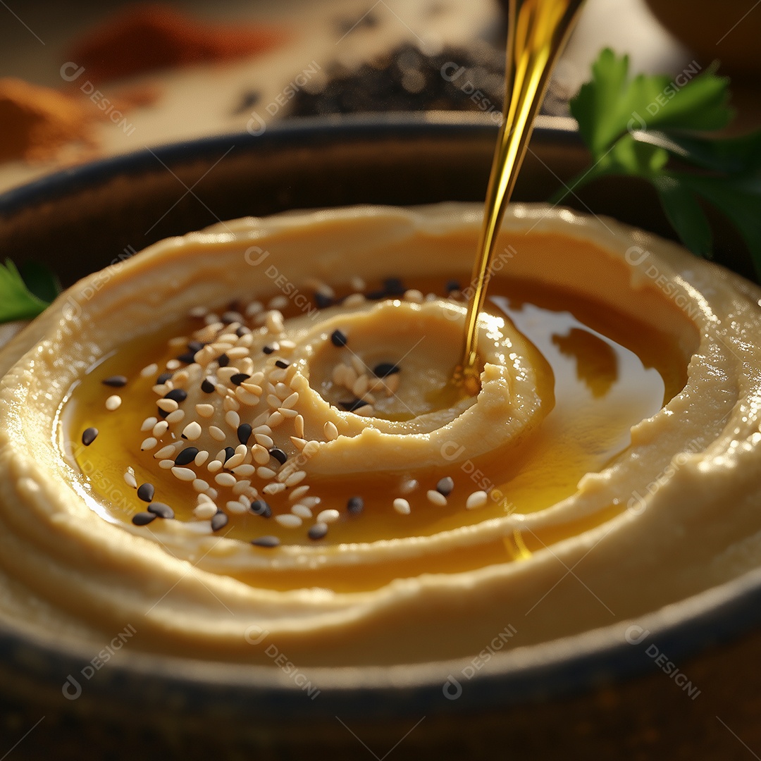 Bela pasta de gergelim com mel em tijela sobre fundo desfocado