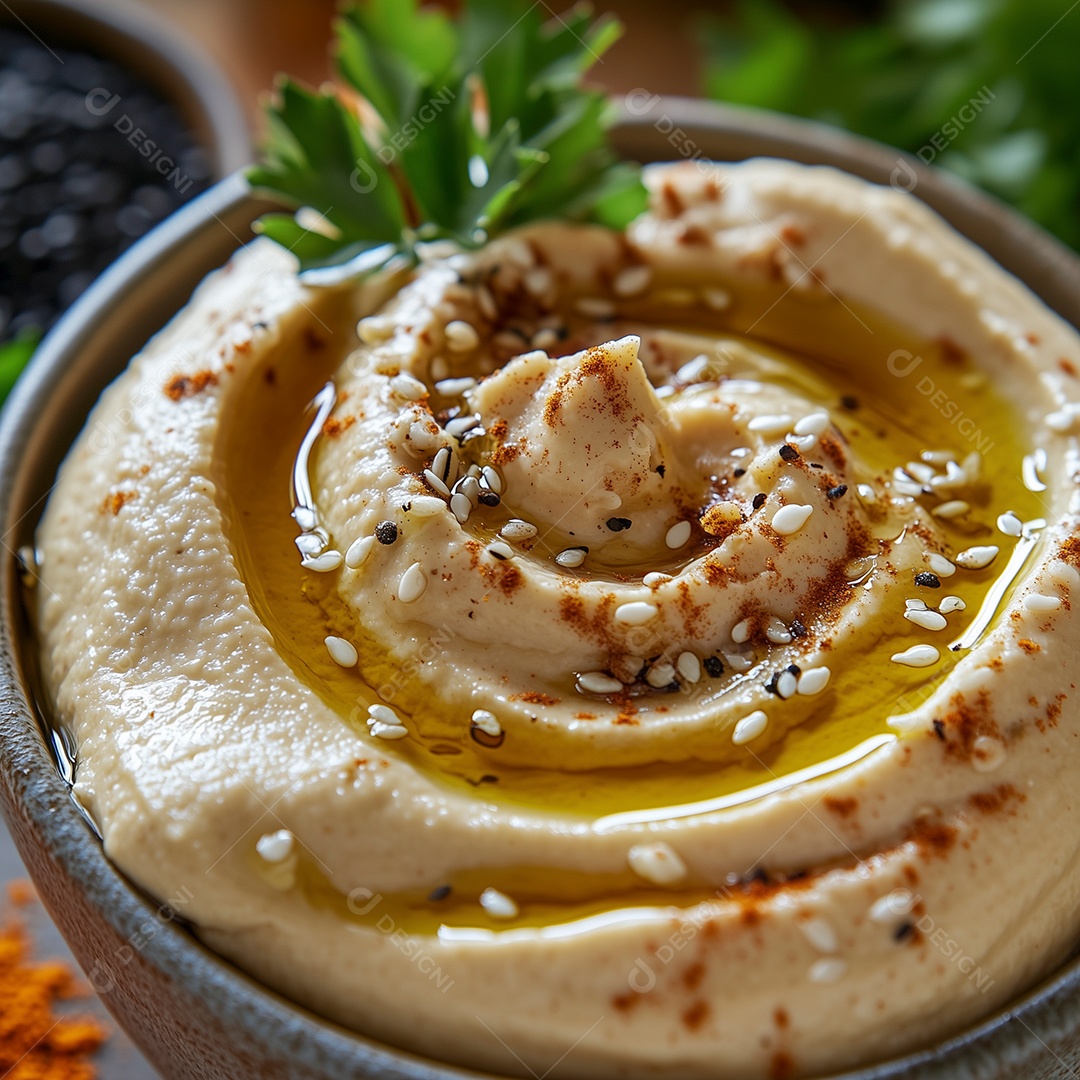 Bela pasta de gergelim com mel em tijela sobre fundo desfocado