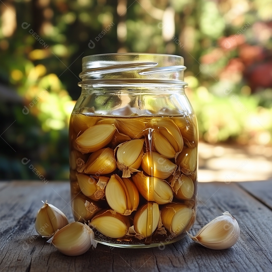 Alho em conserva em pote de vidro sobre mesa de madeira